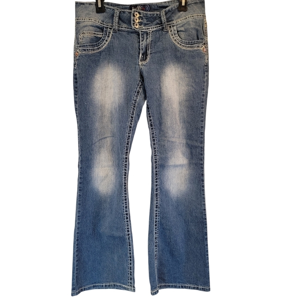 Y2K Angles Low Rise Bleach Faded Flare Boot Cut Stretch Denim Jeans